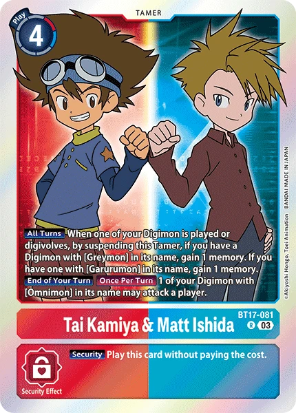 Digimon Card Game Sammelkarte BT17-081 Tai Kamiya & Matt Ishida